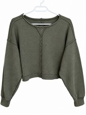 Aerie Olive Green Cropped Sweatshirt Size S Oversized Exposed Seam Cozy Girl